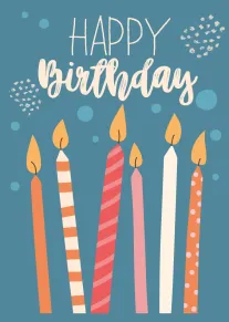 Colourful birthday candles stand below Happy Birthday text on a teal background with confetti dots.