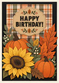 Autumn birthday card with pumpkins, a sunflower, colourful leaves and the wording “HAPPY BIRTHDAY!”