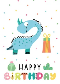 Cute blue dinosaur beside a gift with Happy Birthday text and colorful confetti dots everywhere.