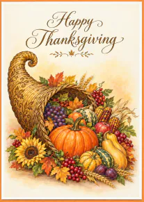 Thanksgiving card featuring a cornucopia filled with pumpkins, gourds, grapes, berries, wheat and autumn leaves.