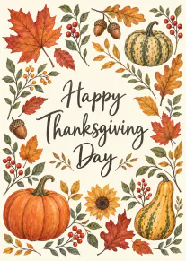 Thanksgiving card with hand-lettered Happy Thanksgiving Day surrounded by pumpkins, gourds, autumn leaves, acorns, berries and a sunflower.