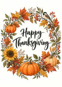 Watercolour-style Thanksgiving card with pumpkins, autumn leaves, berries, acorns, a sunflower and a chickadee framing black script lettering.