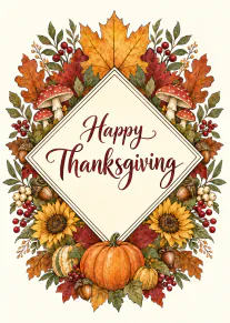 Watercolour-style Thanksgiving card with pumpkins, mushrooms, sunflowers and autumn leaves around a Happy Thanksgiving message.