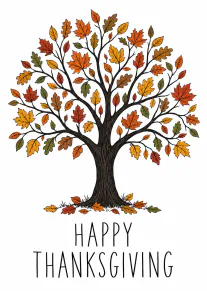 Illustrated tree with colourful autumn leaves and Happy Thanksgiving wording on a white background.