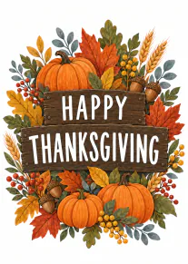Watercolour-style Thanksgiving card with pumpkins, acorns, wheat, berries and autumn leaves around rustic wooden signs reading “HAPPY THANKSGIVING”.