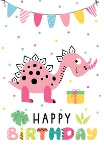 Pink cartoon dinosaur under bunting with Happy Birthday text, confetti dots, and a small gift.