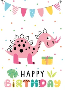 Pink cartoon dinosaur under bunting with Happy Birthday text, confetti dots, and a small gift.