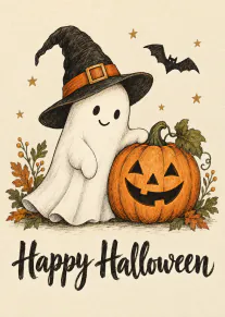 Vintage-style illustration of a smiling ghost in a witch hat beside a jack-o'-lantern, with bats and Happy Halloween wording.