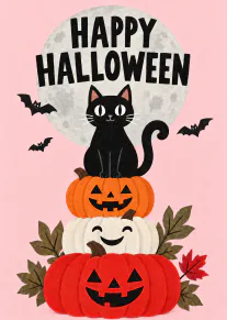 Pink Halloween card featuring a black cat on stacked jack-o'-lantern pumpkins beneath a moon, with flying bats.