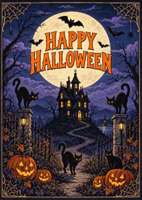 Vintage-style Halloween card with a haunted house, full moon, bats, black cats and glowing jack-o'-lanterns.