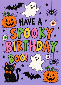 Purple Halloween birthday card with colourful lettering, ghosts, pumpkins, bats, spiders, eyeballs and a black cat.