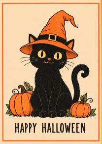 Illustrated black cat in an orange witch hat sitting between pumpkins, with Happy Halloween lettering.
