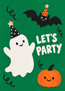 Green paper-cut style card with a smiling ghost, bat and pumpkin wearing party hats, with the words “LET’S PARTY”.