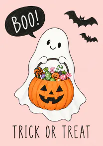 Illustrated smiling ghost holding a pumpkin basket of sweets, with bats and Halloween wording on a pale pink background.