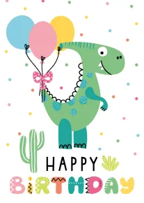 Cute dinosaur holding balloons above Happy Birthday text with colorful confetti and playful party decorations.