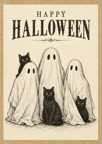 Vintage-style Halloween card with three sheet ghosts, three black cats and Happy Halloween text.