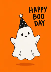 Orange card featuring a smiling white ghost in a black polka-dot party hat beneath the words Happy Boo Day.