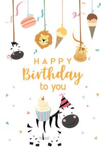 Cute birthday card with zebras, lion, giraffe, cupcakes, ice cream, confetti, and happy birthday greetings.