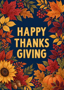 Thanksgiving card with gold Happy Thanks Giving lettering surrounded by autumn leaves, berries, a sunflower and pumpkin.