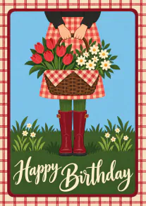 Illustrated birthday card showing a person holding a basket of red tulips and white daisies.