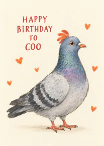 Watercolour-style pigeon with an orange crest, surrounded by orange hearts and Happy Birthday to Coo wording.
