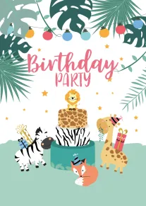 Birthday Party card with zebra, giraffe, fox and lion, tropical leaves, gifts, and party hats.