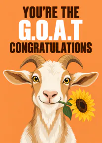 Orange congratulations card featuring a smiling goat holding a sunflower.