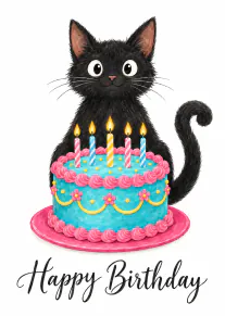 Watercolour illustration of a black cat behind a blue birthday cake with five lit candles and Happy Birthday text.