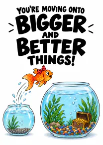 Illustrated card of a goldfish leaping from a small bowl into a large treasure-filled bowl, with a leaving message.