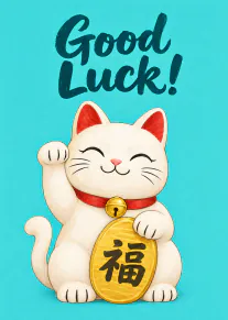 Turquoise card featuring a smiling white lucky cat holding a gold fortune coin beneath the words “Good Luck!”.
