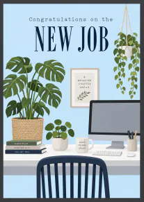 Illustrated new job card showing a bright home office with leafy plants, a computer and the words “Congratulations on the NEW JOB”.