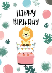 Cute lion sits on a cake under Happy Birthday text with tropical leaves and balloons.