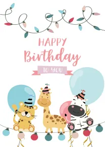 Cute animal birthday card with balloons, party hats and Happy Birthday text.