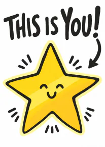 White card with bold black “THIS IS YOU!” text, an arrow, and a smiling yellow star.