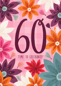 Pink gingham card with colourful flowers, a large purple 60 and the words Time To Celebrate!