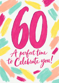 White 60th birthday card with a large pink 60, celebratory script and colourful painted brushstrokes.