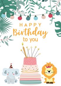 Birthday card with jungle leaves, party lights, cake, elephant, and lion with happy birthday text.