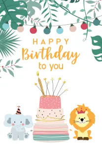 Birthday card with jungle leaves, party lights, cake, elephant, and lion with happy birthday text.