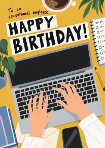 Illustrated employee birthday card with a laptop, hands typing, coffee, plants and bold birthday lettering on a yellow background.