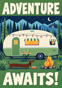 Illustrated green camper van in a forest at night with a dachshund, campfire and the words “Adventure Awaits!”.