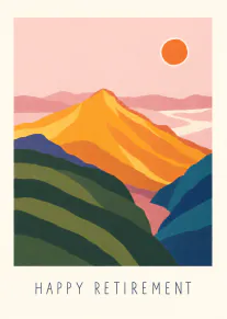 Illustrated retirement card with an orange mountain, rolling green hills and sun beneath a pink sky.