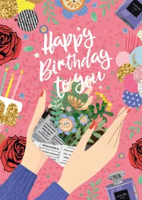 Pink floral birthday card with hands holding gifts, perfume bottles, glitter, and stylish birthday greeting.