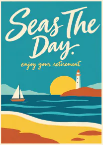Retro-style retirement card with a sailboat, lighthouse and sunset over the sea.