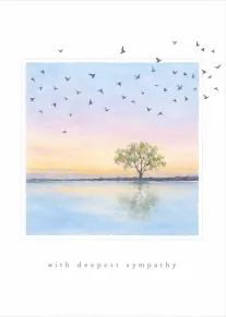 Watercolour card showing a lone tree reflected in calm water beneath flying birds, with the words “with deepest sympathy”.