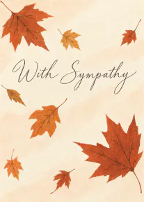 Cream sympathy card with painted orange autumn leaves and cursive 'With Sympathy' lettering.