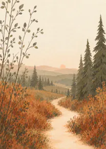 Watercolour-style autumn landscape with a winding path, orange foliage, pine trees and a setting sun.