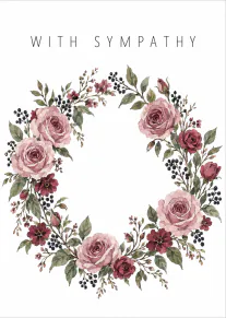 White sympathy card with a watercolour wreath of pink roses, burgundy flowers, green leaves and dark berries.
