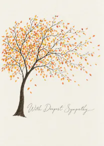 A delicate autumn tree with orange and yellow leaves above the words “With Deepest Sympathy”.