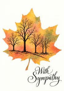 Watercolour autumn maple leaf with bare black trees and the words “With Sympathy”.