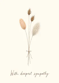 Minimal cream sympathy card featuring a tied bouquet of dried grasses and the words “With deepest sympathy”.